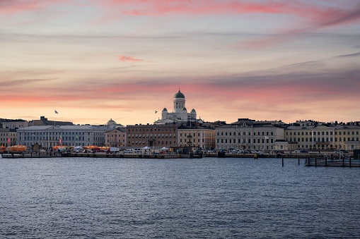 Helsinki Cathedral and waterfront skyline at sunset