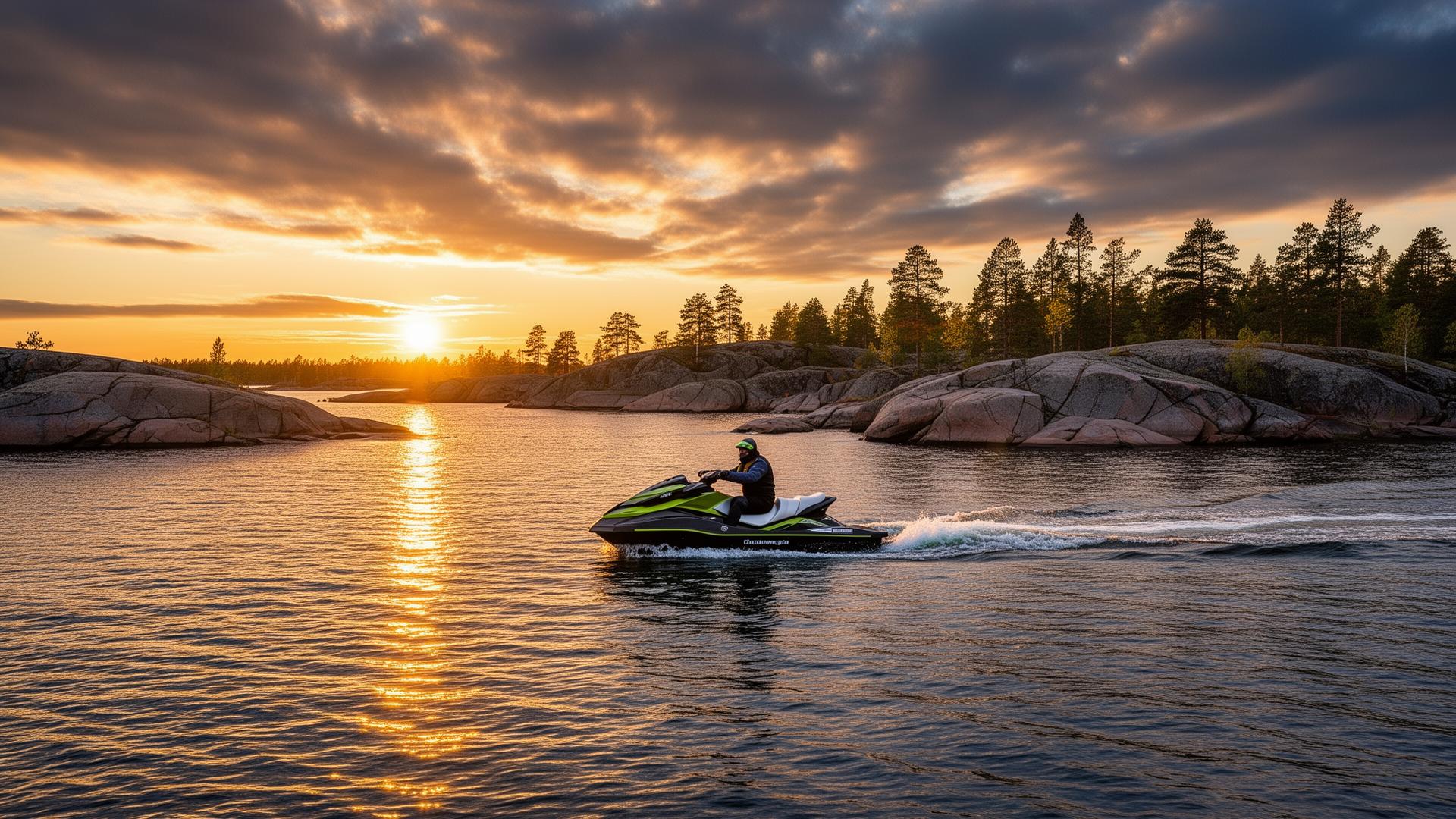jet ski riding through coastal waves at sunset