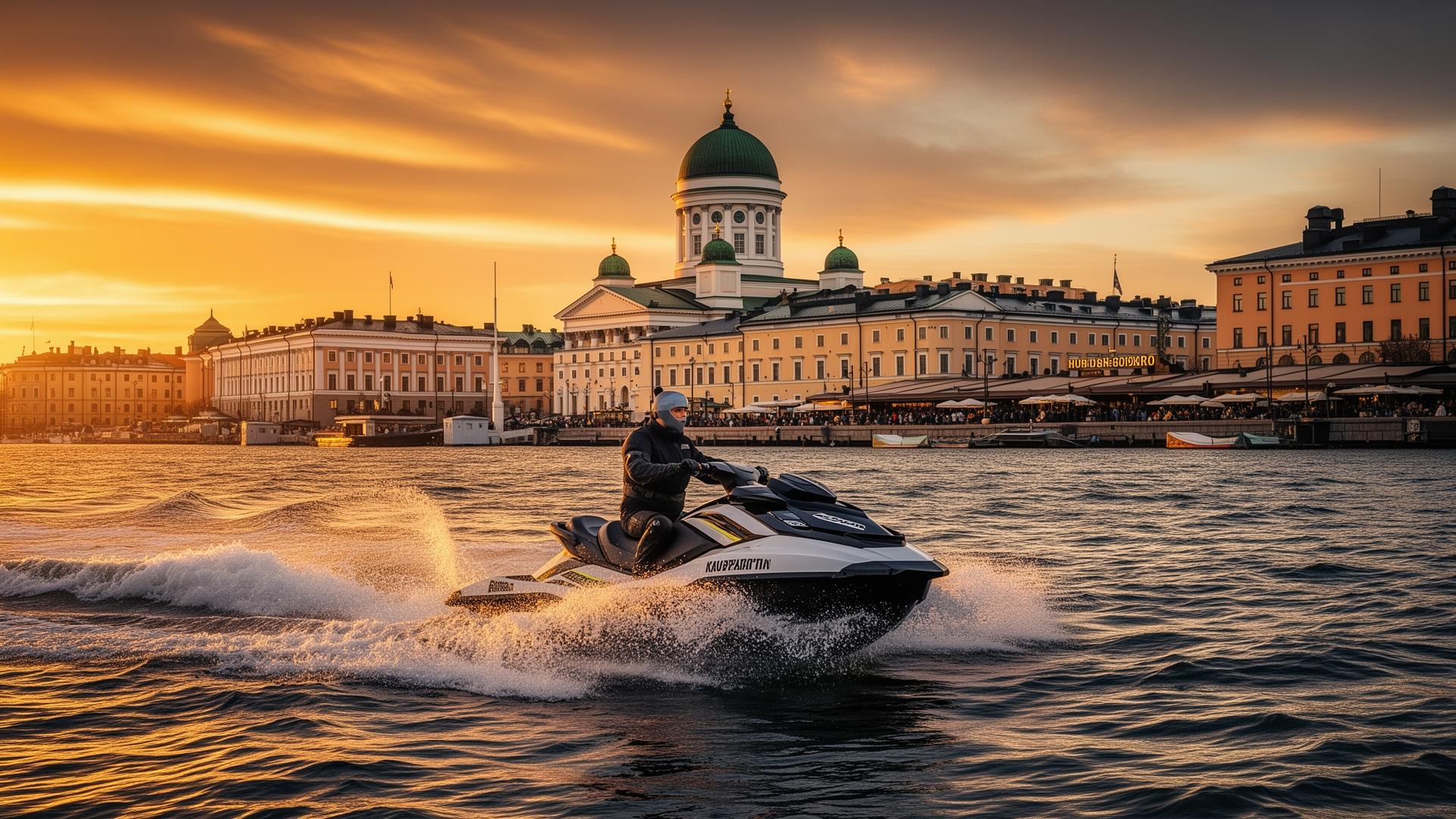 jet ski riding through coastal waves at sunset