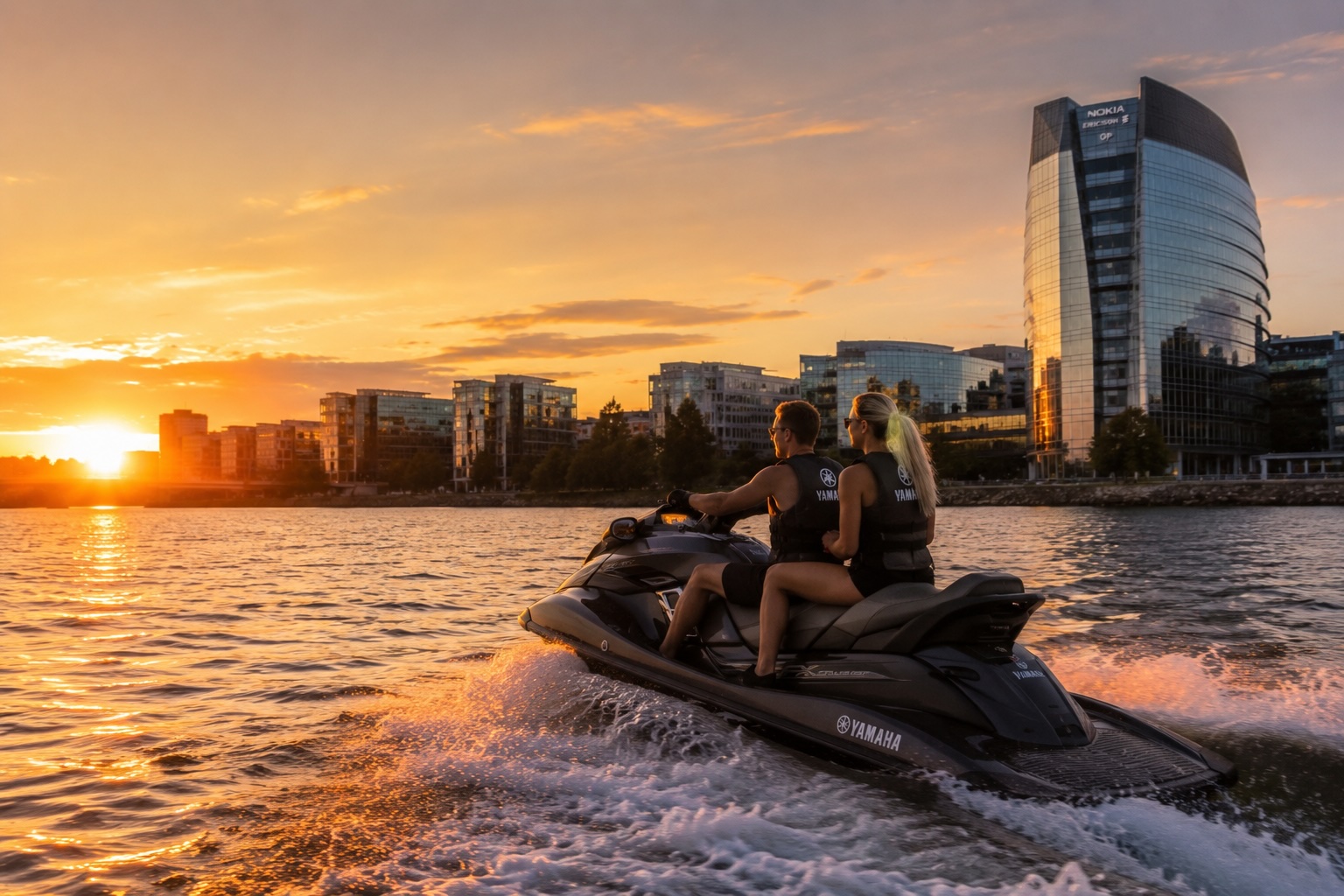 jet ski riding through coastal waves at sunset