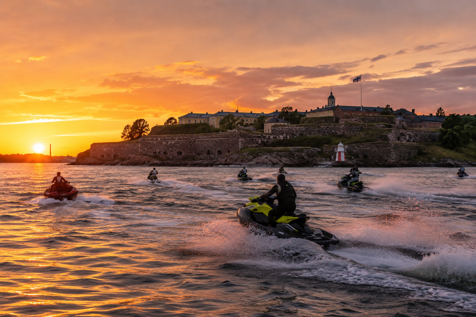 jet ski riding through coastal waves at sunset